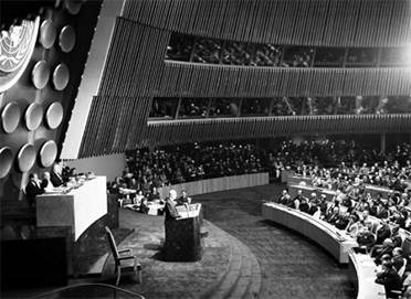Photo of President Dwight D. Eisenhower addressing the United Nations, General Assembly.